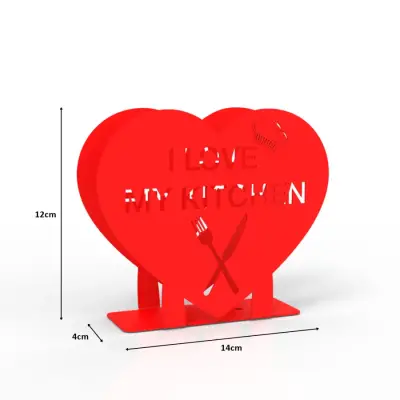 ''I LOVE MY KITCHEN'' Temalı Metal Peçetelik Kırmızı Kalp Şeklinde - 3