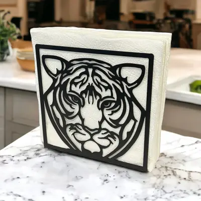 Kaplan Temalı Siyah Metal Peçetelik - 3