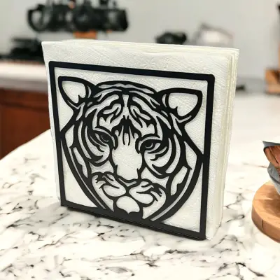 Kaplan Temalı Siyah Metal Peçetelik - 4