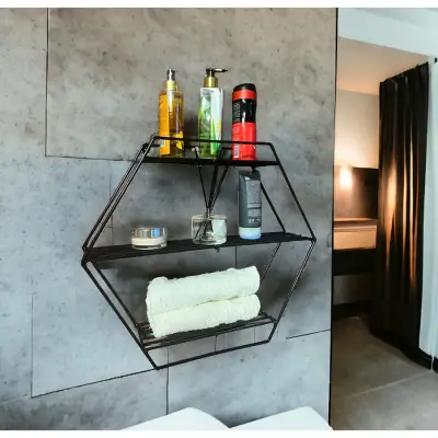 Modern Dekoratif Siyah Altıgen Duvar Rafı - 1