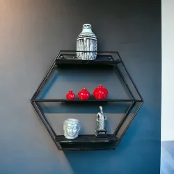 Modern Dekoratif Siyah Altıgen Duvar Rafı - 2