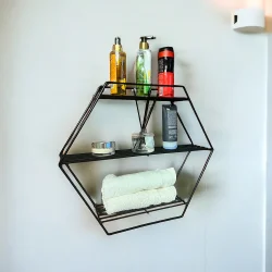 Modern Dekoratif Siyah Altıgen Duvar Rafı - 3