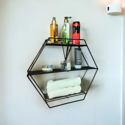 Modern Dekoratif Siyah Altıgen Duvar Rafı - 3