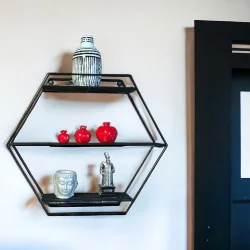 Modern Dekoratif Siyah Altıgen Duvar Rafı - 4