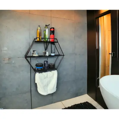 Modern Dekoratif Siyah Altıgen Duvar Rafı - 5