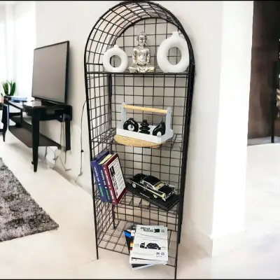 Modern Dekoratif Tel Metal Kitaplık & Çiçeklik Raf - Siyah - 1
