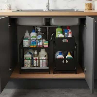 Siyah 2 Çekmeceli Organizer Sepet – 25x42 cm, Raylı Sistem, Çok Amaçlı Kullanım - 1