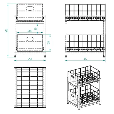 Siyah 2 Çekmeceli Organizer Sepet – 25x42 cm, Raylı Sistem, Çok Amaçlı Kullanım - 3