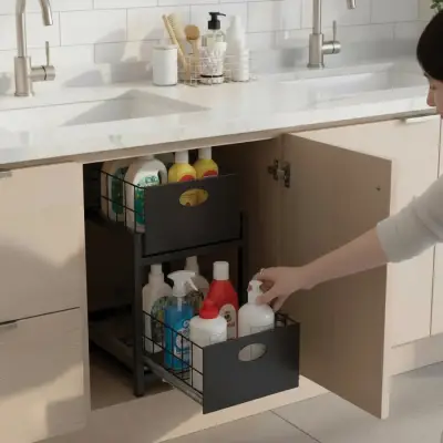 Siyah 2 Çekmeceli Organizer Sepet – 25x42 cm, Raylı Sistem, Çok Amaçlı Kullanım - 5