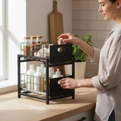 Siyah 2 Çekmeceli Organizer Sepet – 25x42 cm, Raylı Sistem, Çok Amaçlı Kullanım - 7