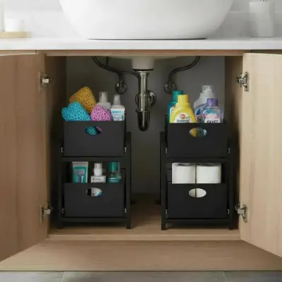 Siyah 2 Çekmeceli Organizer Sepet – 25x42 cm, Raylı Sistem, Çok Amaçlı Kullanım - 9