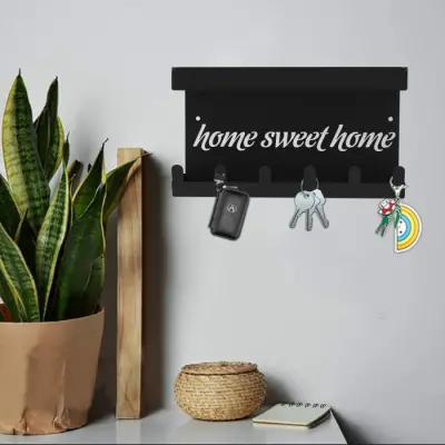 Siyah Raflı Anahtarlık - Home Sweet Home Temalı Kapı Girişi Duvar Askılığı - 2