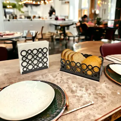 Siyah Renk 2'li Set Ekmek Sepeti ve Peçetelik - 5